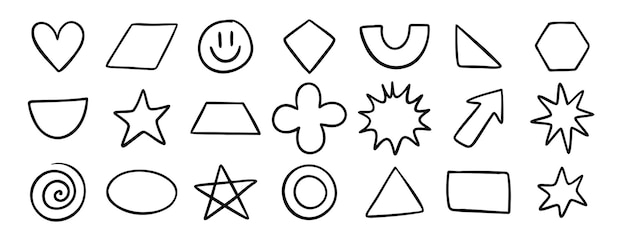 Formas geométricas básicas juego de iconos dibujados a mano dibujos de esquema para aprender juegos de matemáticas figura plana línea clipart símbolo