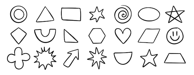 Formas geométricas básicas juego de iconos dibujados a mano dibujos de esquema para aprender juegos de matemáticas figura plana línea clipart símbolo