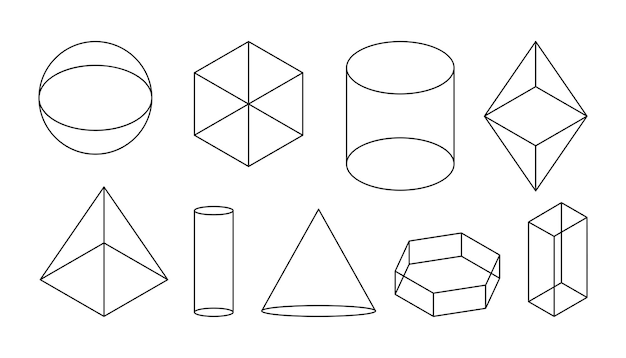 Vector formas geométricas básicas volumétricas negro lineal simple figura d con líneas de forma invisibles vistas isométricas esfera y cubo cilindro y cono y otras formas aisladas en blanco ilustración vectorial