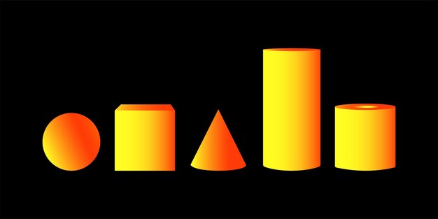 Formas geométricas brillantes en 3d aisladas en un fondo negro.