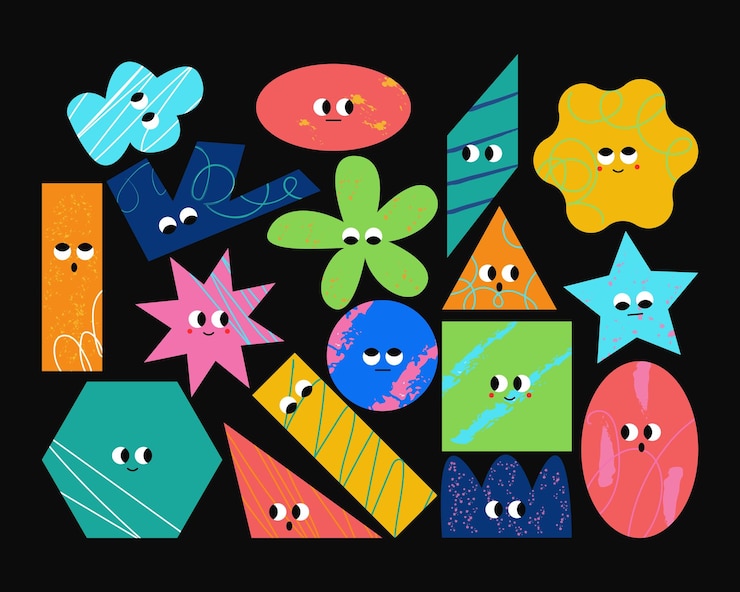 Vector formas geométricas brillantes con garabatos de emociones faciales diferentes texturas personajes divertidos abstractos