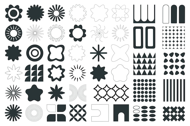 Formas geométricas brutales elementos de mega conjunto en diseño gráfico plano objetos de paquete de simplicidad símbolos con flores soles estrellas círculos cuadrados cuadrículas curvas y otras ilustraciones vectoriales