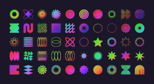 Formas geométricas brutales símbolos modernos con efecto de medio tono colorido neón simple primitivo