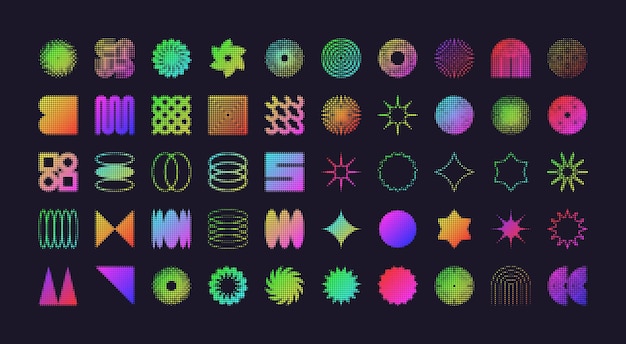 Formas geométricas brutales símbolos modernos con efecto de medio tono colorido neón simple primitivo