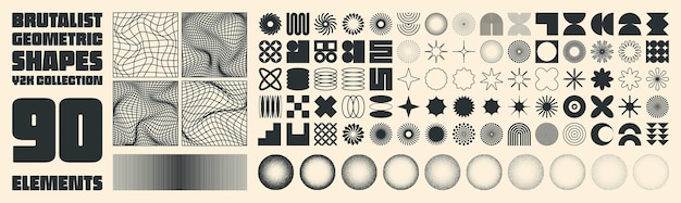 Formas geométricas brutales símbolos modernos patrón a cuadros groovy distorsionado cuadrícula de azulejos Elementos simples formas de diseño retro de moda estilo minimalista contemporáneo y2k Ilustración vectorial