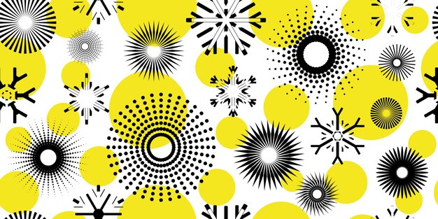 Formas geométricas circulares y copos de nieve patrón sin costura fondo de invierno amarillo y negro