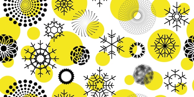 Formas geométricas circulares y copos de nieve patrón sin costuras fondo vectorial de invierno amarillo y negro