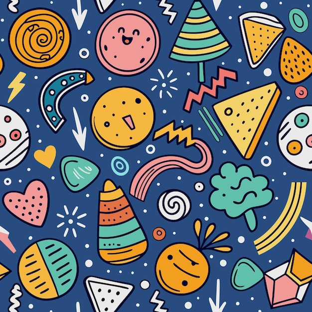 Formas geométricas coloridas Patrón sin costuras con caras bonitas y remolinos