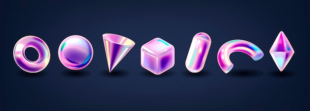 Formas geométricas holográficas renderizado por vectores 3D esfera cubo cono cristal o elipsoide tridimensional