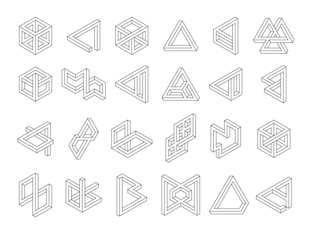 Formas geométricas imposibles símbolos 3D objetos de patrón de línea signos de tatuaje hipster ilusión óptica redondas y cuadrados infinitos abstractos triángulo de Penrose conjunto de iconos modernos vectoriales