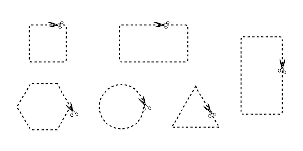 Formas geométricas con líneas punteadas y tijeras vector de borde de cupón