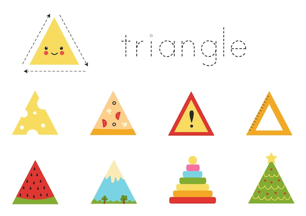 Formas geométricas para niños. Hoja de trabajo para aprender formas. Objetos triangulares.