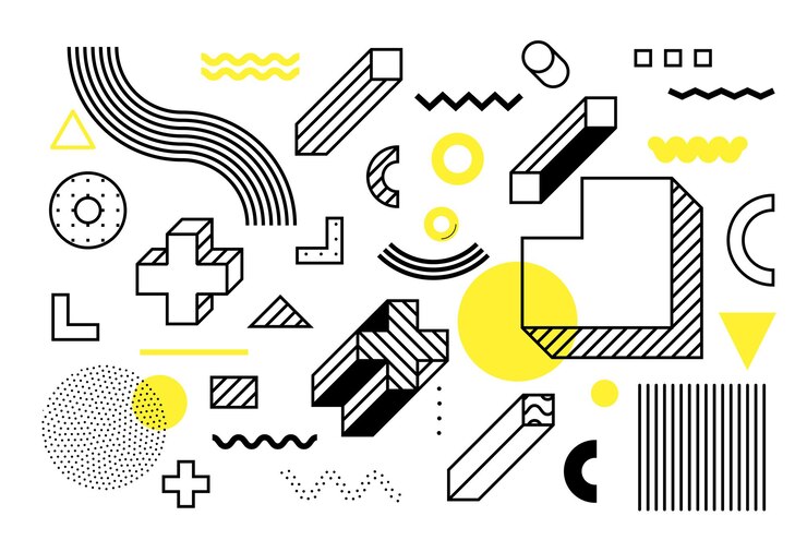 Vector formas geométricas universales de semitonos yuxtapuestas con una composición de elementos de color amarillo intenso y brillante