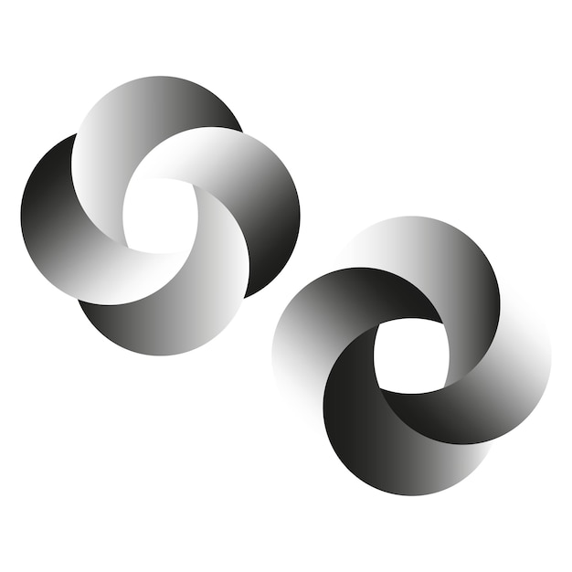 Formas giratorias monocromáticas Bucles en blanco y negro Iconos abstractos circulares Diseño de ilusión de gradiente