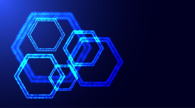 Formas hexagonales hechas de pequeñas partículas brillantes con profundidad de campo Formas de panal de partículas de neón brillantes Fondo abstracto de tecnología