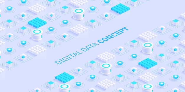 Formas isométricas cubos y composición dinámica Concepto de datos digitales con elementos de perspectiva 3D