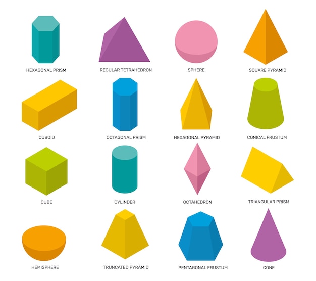 Formas isométricas simples multicolor elementos geométricos aislados objetos matemáticos para la escuela estudiando logo