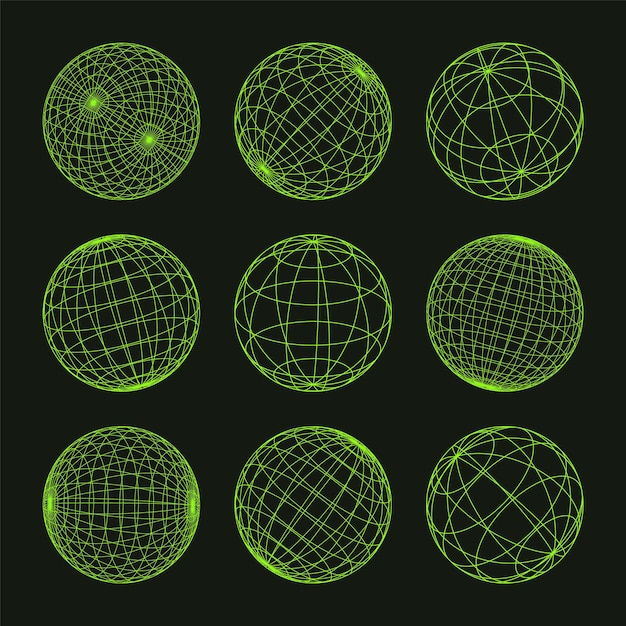 Formas de marco de alambre alineadas esfera malla de perspectiva d cuadrícula baja elementos poli geométricos retro futuristas
