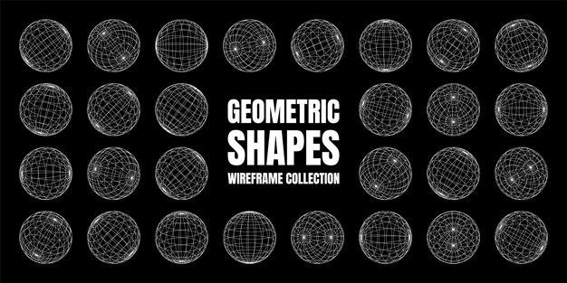 Formas de marco de alambre alineadas esfera malla de perspectiva d cuadrícula baja elementos poli geométricos retro futuristas