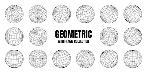Formas de marco de alambre alineadas esfera malla de perspectiva d cuadrícula baja elementos poli geométricos retro futuristas