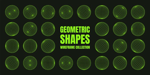 Formas de marco de alambre alineadas esfera malla de perspectiva d cuadrícula baja elementos poli geométricos retro futuristas