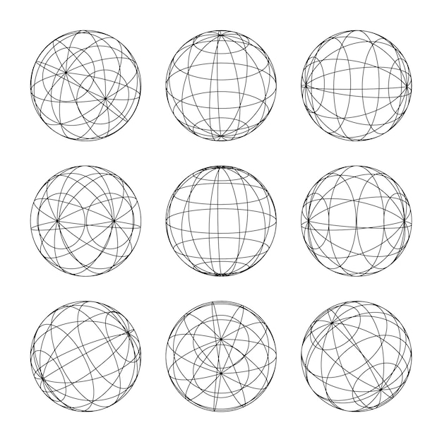 Formas de marco de alambre alineadas esfera malla de perspectiva d cuadrícula baja elementos poli geométricos retro futuristas