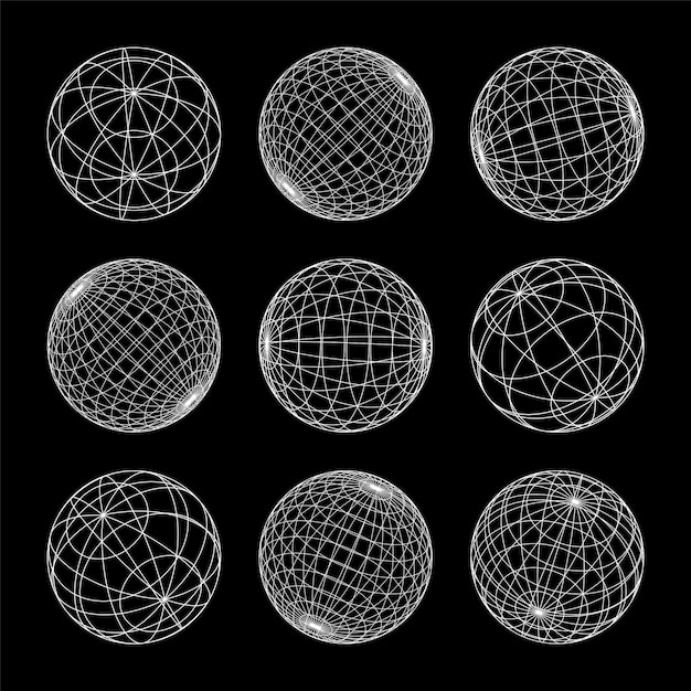 Formas de marco de alambre alineadas esfera malla de perspectiva d cuadrícula baja elementos poli geométricos retro futuristas