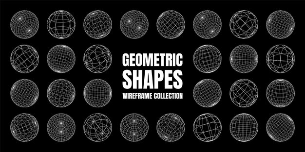 Formas de marco de alambre alineadas esfera malla de perspectiva d cuadrícula baja elementos poli geométricos retro futuristas