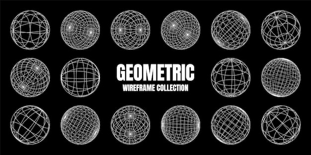 Formas de marco de alambre alineadas esfera malla de perspectiva d cuadrícula baja elementos poli geométricos retro futuristas