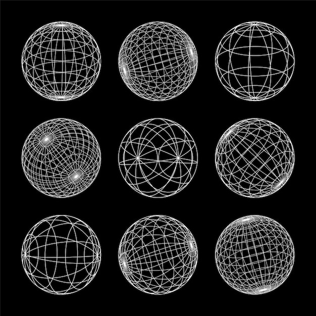 Formas de marco de alambre alineadas esfera malla de perspectiva d cuadrícula baja elementos poli geométricos retro futuristas