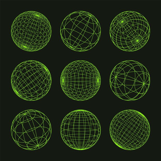 Formas de marco de alambre alineadas esfera malla de perspectiva d cuadrícula baja elementos poli geométricos retro futuristas