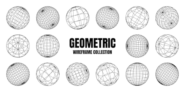 Formas de marco de alambre alineadas esfera malla de perspectiva d cuadrícula baja elementos poli geométricos retro futuristas