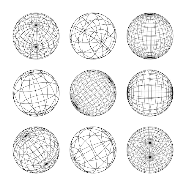 Vector formas de marco de alambre alineadas esfera malla de perspectiva d cuadrícula baja elementos poli geométricos retro futuristas