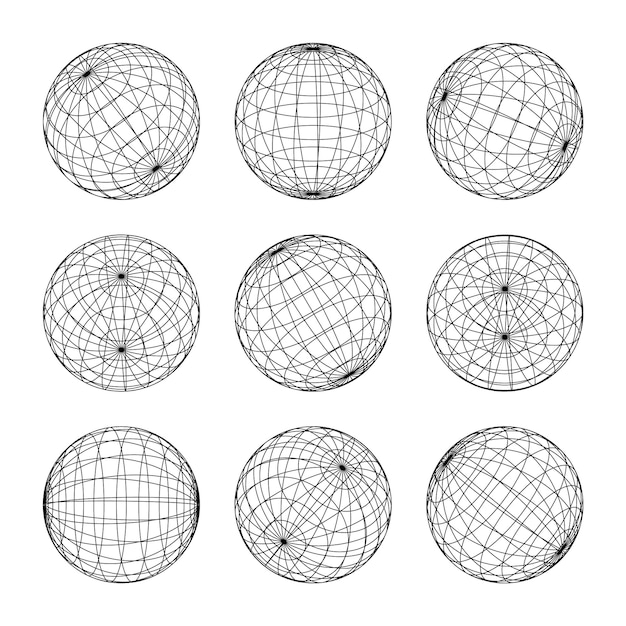Formas de marco de alambre alineadas esfera malla de perspectiva d cuadrícula baja elementos poli geométricos retro futuristas