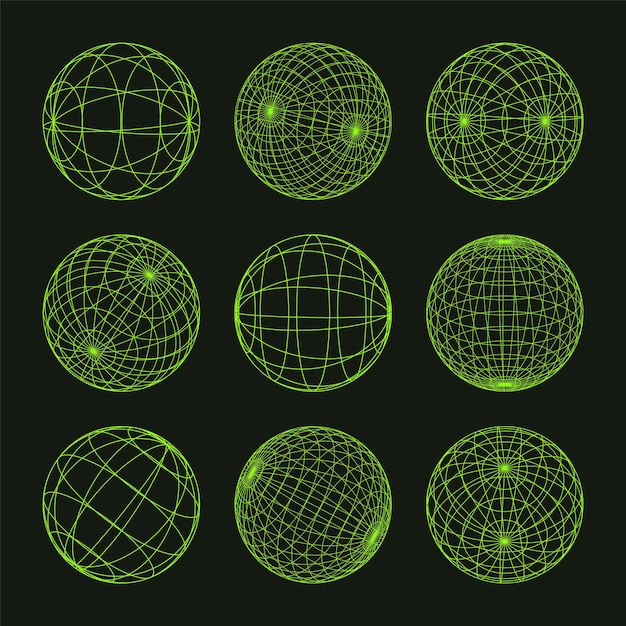 Formas de marco de alambre alineadas esfera malla de perspectiva d cuadrícula baja elementos poli geométricos retro futuristas