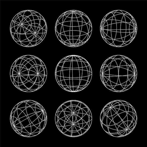 Formas de marco de alambre alineadas esfera malla de perspectiva d cuadrícula baja elementos poli geométricos retro futuristas