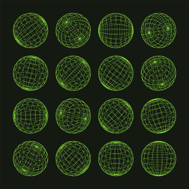 Formas de marco de alambre alineadas esfera malla de perspectiva d cuadrícula baja elementos poli geométricos retro futuristas