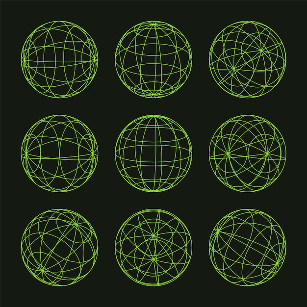 Formas de marco de alambre alineadas esfera malla de perspectiva d cuadrícula baja elementos poli geométricos retro futuristas