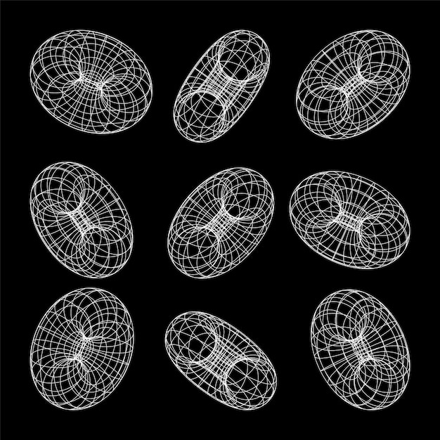 Formas de marco de alambre alineadas torus malla de perspectiva d cuadrícula baja elementos poli geométricos retro futuristas