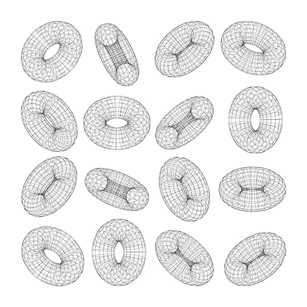 Formas de marco de alambre alineadas torus malla de perspectiva d cuadrícula baja elementos poli geométricos retro futuristas