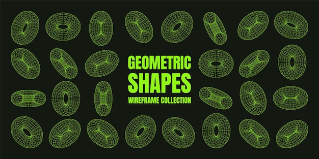 Formas de marco de alambre alineadas torus malla de perspectiva d cuadrícula baja elementos poli geométricos retro futuristas
