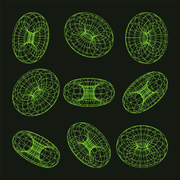 Formas de marco de alambre alineadas torus malla de perspectiva d cuadrícula baja elementos poli geométricos retro futuristas