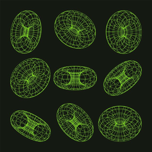 Vector formas de marco de alambre alineadas torus malla de perspectiva d cuadrícula baja elementos poli geométricos retro futuristas