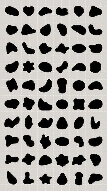 Formas negras abstractas en un fondo de cuadrícula clara Varias formas irregulares Formas abstractas y diseños creativos llenan la cuadrícula Patrones artísticos y únicos Conjunto vectorial de formas negras