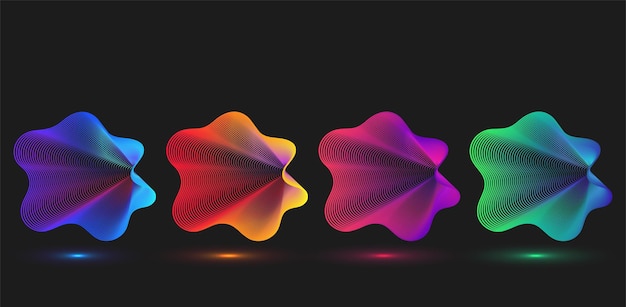 Formas onduladas de neón brillante con líneas Iconos de colores dinámicos abstractos sobre fondo negro