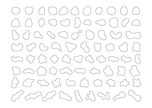 Formas orgánicas abstractas de gotas aleatorias en un diseño de línea negra mínima Contorno de formas irregulares fluidas