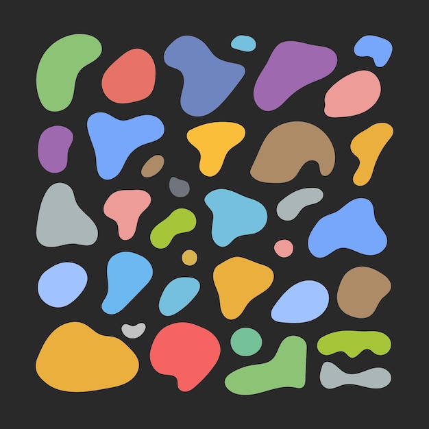 Formas orgánicas. Colorea varias manchas, manchas abstractas irregulares al azar. Silueta de piedra de guijarro, splodge amorfo líquido simple, formas de agua simples y coloridas, conjunto de vector de patrón pastel mínimo creativo