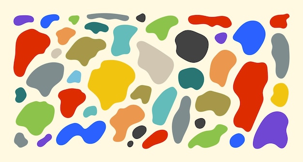 Vector formas orgánicas. colorea varias manchas, manchas abstractas irregulares al azar. silueta de piedra de guijarro, splodge amorfo líquido simple, formas de agua simples y coloridas, conjunto de vector de patrón pastel mínimo creativo