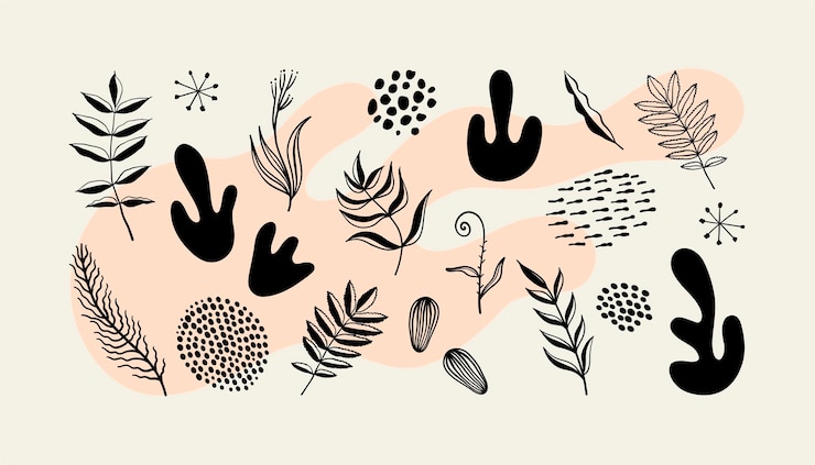 Vector formas orgánicas dibujadas a mano, plantas, manchas, puntos. conjunto de vectores garabatos aislados abstractos de moda.