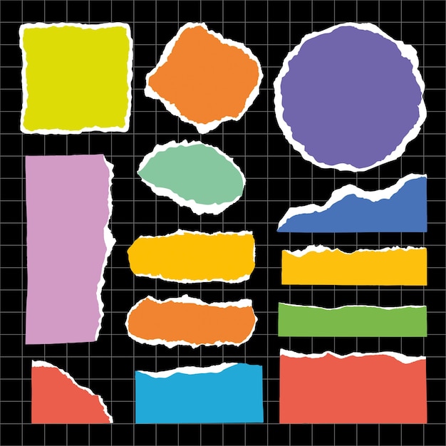 Formas de papel rasgadas coloridas en un fondo de cuadrícula Papel rasgado en varios colores y formas Diseño creativo de papel rasgado para proyectos de arte Elementos de papel rasgados Conjunto vectorial de elementos coloridos